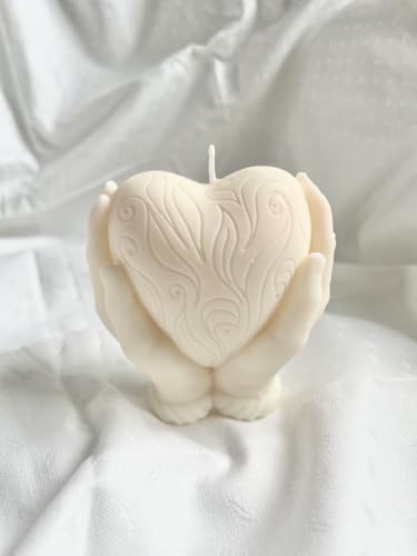 Image of Hand Held Heart Shaped Decorative Candle with Intricate Carved Design, Cream White