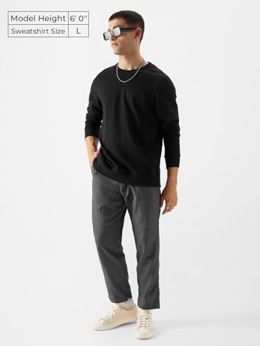 Image of The Souled Store Black Mens Regular fit Full Sleeve Solids Cotton and Polyester Sweatshirts Shirts Casual Button-Down Half Sleeve Printed Graphic Short Sleeve Casual Fashionable