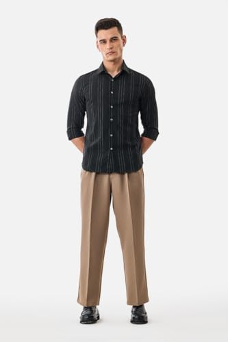 Image of SNITCH Men Casual Trousers | Relaxed Fit with Turned-Up Cuffs & Solid Pattern | Cotton Blend Fabric with Medium Stretch for Summer & Everyday Wear