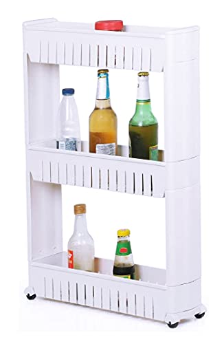 FLIPZON Slim Rolling Storage Rack – 3-Tiered Shelf Plastic Slide-Out Organizer | Space-Saving, Multipurpose | for Kitchen, Bathroom, Laundry, Pantry & Utility Storage | Floor Standing | White