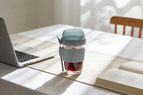 Image of Stegl Glass Yogurt & Coffee Cup 400ml with Dual-Compartment Topping Lid, One-Hand Flip Click Lock, Spoon & Silicone Sleeve - For Overnight Oats, Cereal, Fruit & Coffee Snacks