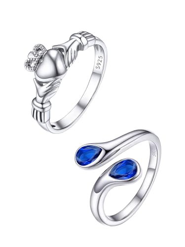 PROSTEEL-US PROSILVER 925 Sterling Silver Size 9 Claddagh Ring and Adjustable Dual Pear-Cut Gemstones Ring