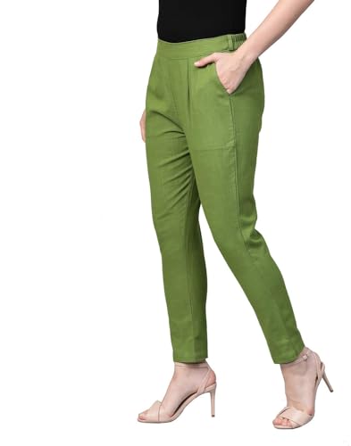 Yash Gallery Women's Cotton Slub Solid Regular Fit Casual Trouser Pants for Summer3