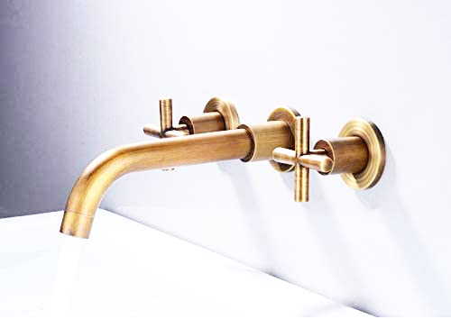Wall Mount Bathroom Faucet Antique Brass Three Holes Wall Mounted Bath Lavatory Vessel Sink Faucet With Rough-In Valve 360 Swivel Spout 2 Corss Knobs Hands Bathtub Vanity Faucet #TOP4