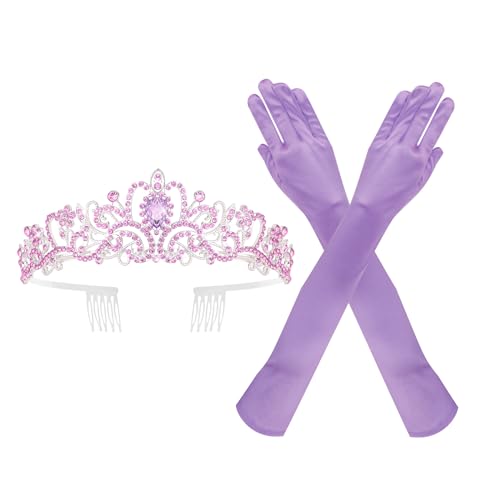 Brimekichio Purple Tiara and Gloves for Women Rhinestone Purple Crown and Long Satin Gloves Princess Accessories for Women