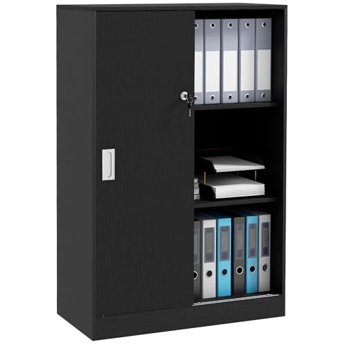 HOMCOM Armadietto da Ufficio a 3 Ripiani e ad Anta Doppia, Mobiletto Armadio da Ufficio in Legno, Mobiletto Multiuso con Chiusura e 2 Chiavi di Sicurezza per Studio, Garage e Soggiorno, Nero
