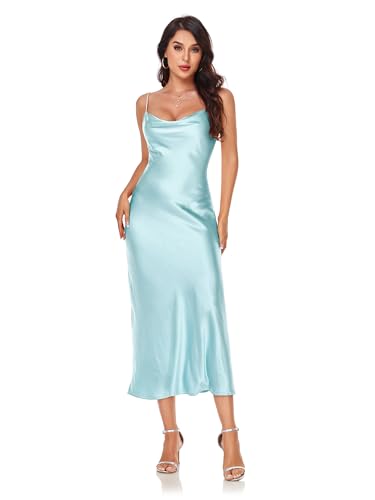Image of Women's Spaghetti Strap Midi Satin Silk Dresses Slip Cowl Neck Party Cocktail Evening Sexy Dress