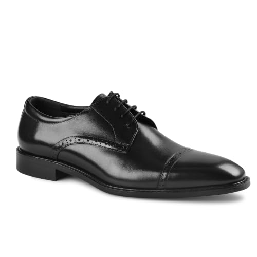 Image of Men Cap Toe Derby Shoes Open Lacing Wide Fit High Instep Full Grain Polished Leather Brogue Formal Dress Shoes for Wedding Groom Business Black Tie