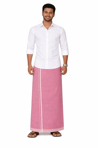 Image of Pure Cotton Dhoti for Men (1.28 x 1.87 m) | Solid Panchalu with Varied Small Color Border | Kerala Cotton Veshti, Khadi Dhoti | Lightweight Pooja & Temple Wear