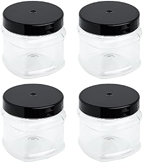 STACKABLES 4 Pack Round Plastic Jam Jars with Lids 750ml  Refillable Mini Clear Storage Containers with Airtight Black Lids for Kitchen use, Preserve Pots, Dry Foods, Sweets, Spices & More.