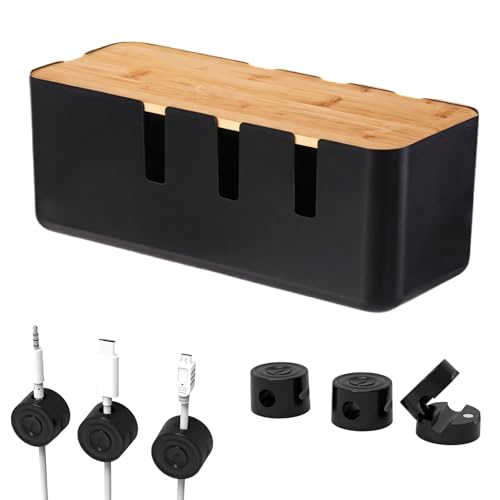 Zyiphor Boite Rangement Cable+6 Pcs Magnetique Clips Câble, Boite Cache Cable Multiprise pour Organiser et Cacher Les Câbles pour Le Bureau, La Maison (Noir)