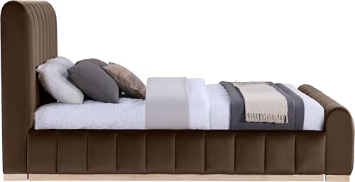 Image of Meridian Furniture AmaraBrown-Q Collection Modern | Contemporary Queen Bed, Ultra Luxe Brown 460 GSM Velvet, Natural Finish, Solid Wood Base and Inner Frame, 66.5 inch W x 99 inch D x 51 inch H, Brown, Queen
