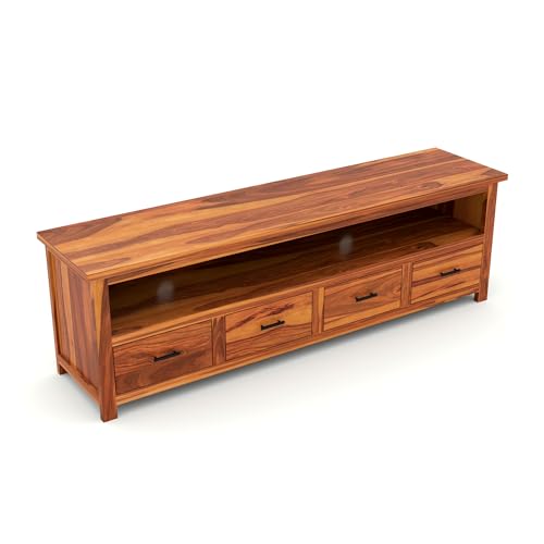 Image of Sheesham Solid Wood TV Cabinet for Living Room | Handcrafted Wooden TV Unit with Storage | Elegant Entertainment Stand for Modern Homes (4 Drawer Tv Cabinet, Honey)