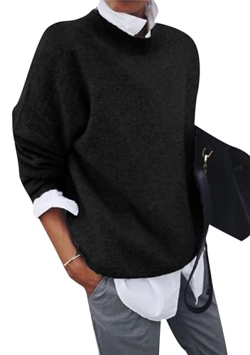 EFOFEI Femmes Hiver Col Revers Pulls Manches Longues Hauts Contraste Chemise Casual Collared 2 en 1 Pulls Noir M