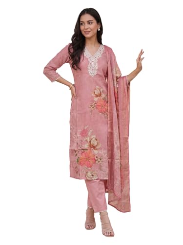 Image of INDO ERA Women's Straight Linen Floral Printed Embroidered Kurta & Pant with Dupatta Set