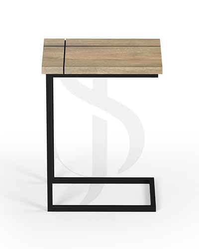 Image of Modern C-Side End Table for Living Room - Mango Wood with Black Metal Frame, Contemporary Sofa Side Table for Bedroom & Office (18L x 11D x 24H Inches) (Smoky)