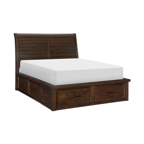GOWE Cama Queen plataforma com 6 gavetas, 1 pç cabeceira de trenó, acabamento marrom, cama clássica
