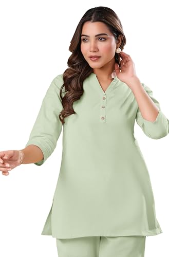 Image of Janasya Women's Light Blue Linen Cotton Solid A-line Top
