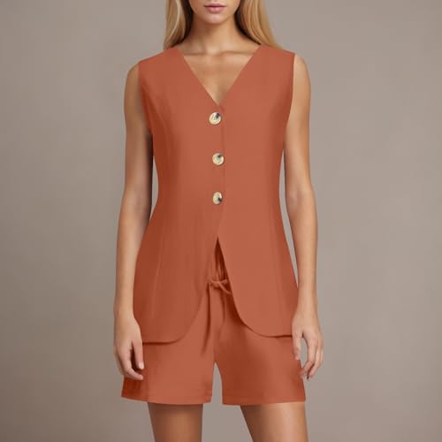 Women Summer 2 Piece Blazer Outfits 2025 V Neck Sleeveless Button Down Vest Shorts Sets Business Work Matching Set3