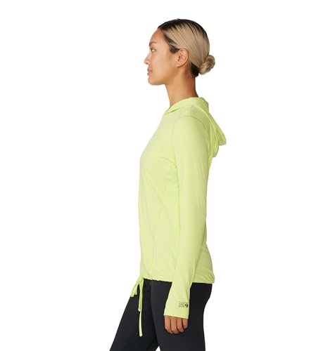Female model wearing lime color Mountain Hardwear Crater Lake Long Sleeve Hoody. Close up photo of unique built-in glove feature