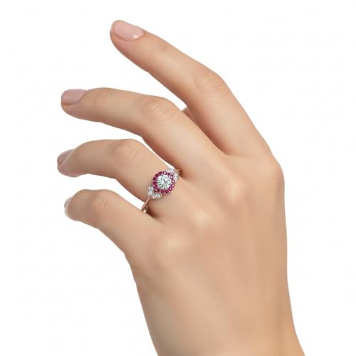 Image of Rose Gold Plated Diamond CZ & Blue Sapphire Petal Halo Engagement Ring for Women, Petite Round Shape Wedding & Everyday Jewelry, Handmade Gift for Wife US Size 4-12