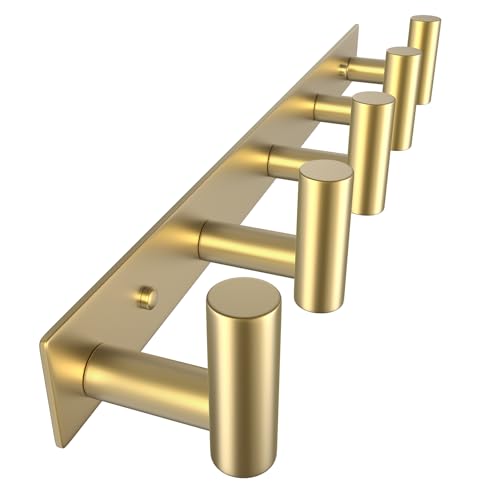 Image of VAEHOLD Hat and Coat Wall Mount Rack - Hooks for Robes, Bags, Keys, and Towels - Bathroom Towel Hanger Organizer (Gold, inchT inch Shape 5 Hooks 1 Pack)