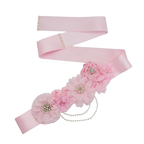 Pink Maternity Wedding Dress Belt with Pearl Rhinestone Flower Design Bridal Waistband for Shower Party Gown Accessories