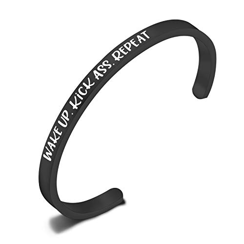 PLITI Wake Up Kick Ass Repeat Cuff Bangle Bracelet Inspiration Motivational Fitness Jewelry Funny Sarcastic Best Friend Gift (kick ass CB black)