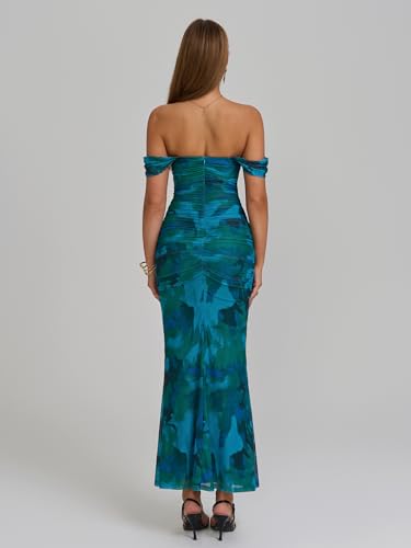 Image of KUTUMAI Off The Shoulder Maxi Long Dress Corset Ruched Bodycon Cocktail Formal Wedding Guest Dresses for Women