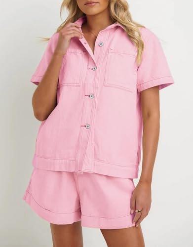 Image of Kedera Summer Denim Set for Women 2 piece Casual Short Sleeve Boxy Shirt Tops and Shorts Pants Lounge Sets Outfits