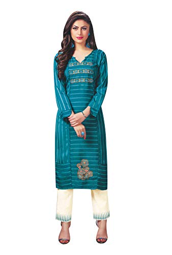 ladyline Cotton Embroidered Handwork Kurti with Pants Set for Womens Indian Tunic Kurta Ethnic Dress Set (Size-40/ Pine)