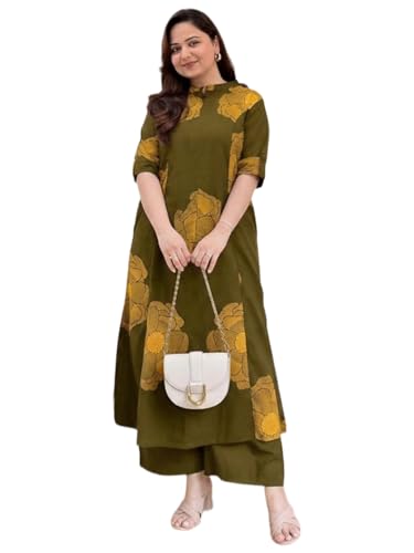 Image of ANNI Designer Women Viscose Blend Straight Fit Printed Kurta Palazzo Set | Mandarin Neck Outfit | Lightweight Breathable Fabric | Comfortable Elegant Styling for Office Casual Wear
