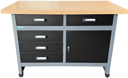 Küpper Werkbank für 3D-Drucker, 120x84x60cm, 5 Schubladen, 1 Tür, 300 kg Traglast, hochwertige, abwaschbare Echtholz-Furnierplatte