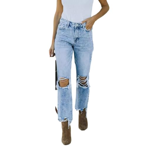Jeans Pants Trousers Denim Women's Ripped Fringed High Waisted Washed Blue Straight Leg Jeans