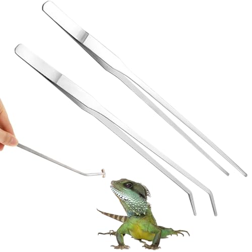 Extra lange Edelstahl-Futterzange für Reptilien mit Gummispitzen, 26,7 cm, gerade und gebogene Pinzette für Aquarium, Terrarium, Axolotl und Reptilienfütterung, Präzisionswerkzeug für sichere