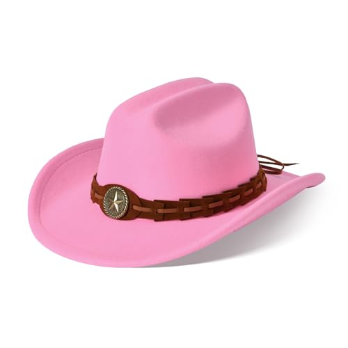 Image of Willheoy Kids Cowboy Hat for Girls Boys Western Cowgirl Hat with Buckle Belt Unisex Wide Brim Fedora Hat Dress Up Costume