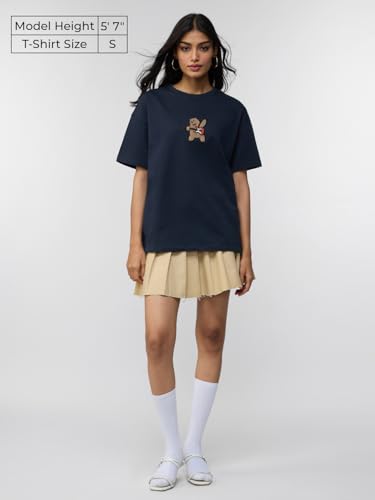 Image of The Souled Store We Bare Bears: Rockstar Women and Girls Short Sleeves Round Neck Blue Embroidered Cotton Lightweight Streetwear Casual Oversized T-Shirt