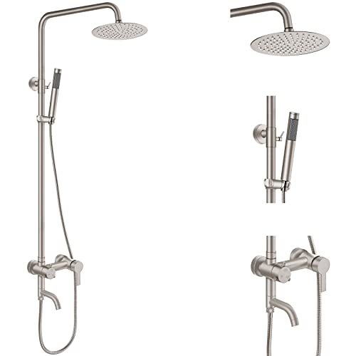 Aolemi Duscharmatur Outdoor SUS304 Silber Regenfall Edelstahl 8 Zoll Duschkopf mit Handbrause 3 Funktionen Kombi Duschset Gebürstetes Nickel