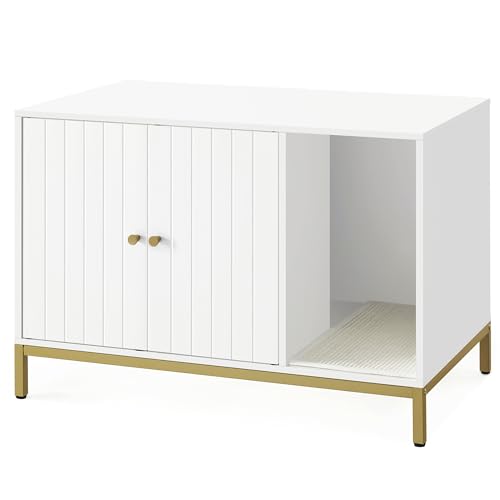 Feandrea Katzenklo-Schrank, Katzenhaus, Katzentoilette, mit Kratzmatte, hohe Beine, für Katzen, Beistelltisch, 80 x 50 x 55 cm, weiß-goldfarben PCL007W01