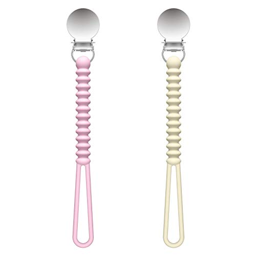 LANEYLI Pacifier Clip 100% Silicone Teether Clip Soothie Pacifier Holder for Baby Boys and Girls 2 Pack Bead Pink Beige
