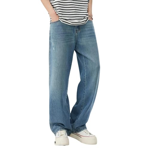 Jeans Pants Trousers Denim Fat Plus Trendy Street Washed Blue Loose Wide Casual Commuter Straight Leg for Men