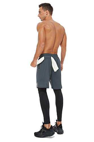 Silkworld Mens 2 In 1 Athletic Leggings Compression Running Workout Pants With Zipper Pockets,Dark Grey,X-Large #TOP3