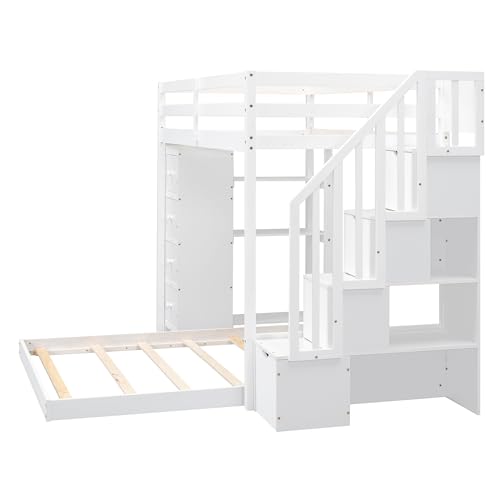 Merax Twin Over Full Bunk Bed Wood Frame with 3-Layer Shelves,4 Drawers and 3 Storage Stairs for Boys and Girls,Grey