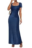 MITILLY Womens Summer Maxi Dress Formal Ruched Bodycon Slim Fit Elegant Cocktail Party Short Sleeve Long Dress Medium Dark Blue