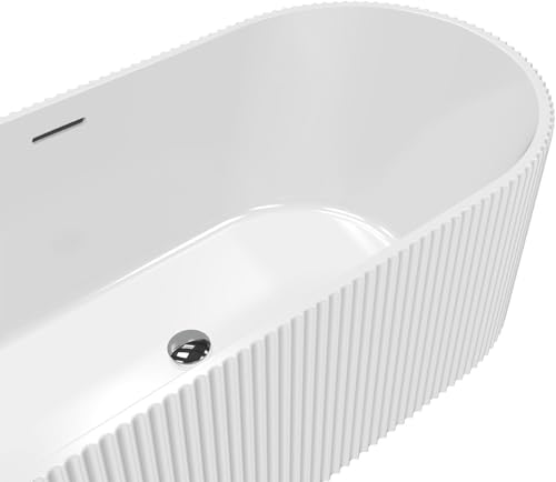Image of 59 Inch Acrylic Freestanding Bathtub, Deep Soaking Tub with Non-Slip Base, cUPC Certified Free Standing Tub, Chrome Drain Bath Tub, Modern Tub for Bathrooms, White