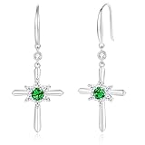 FANCIME Emerald Cross Dangle Drop Earrings 925 Sterling Silver Dainty Round May Birthstone Earring Fine Jewelry Birthday Gifts for Her Women