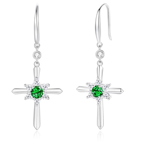 FANCIME Emerald Cross Dangle Drop Earrings 925 Sterling Silver Dainty Round May Birthstone Earring Fine Jewelry Birthday Gifts for Her Women