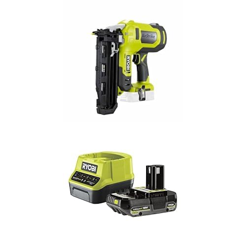 Ryobi - Cloueur de finition 16G à air comprimé 18V - pointe de 19 à 64 mm - tête 1,6 mm - chargeur 100 pointes - Livré avec 500 pointes, 1 batterie 2Ah et 1 chargeur rapide
