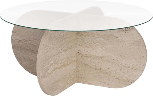 Elegante Mesa de café, 75 x 35 x 75 cm, 100% Vidrio Templado y melamina, Tablero de partículas Recubierto de melamina, 18 mm de Grosor, Elegante travertino y diseño Transparente para Espacios de Vida
