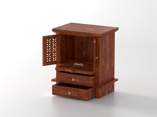 Image of Wudniture Solid Sheesham Wood Handcrafted Pooja Mandir /Temple for Home & Puja Room with Drawer & Tray | Wooden Pooja Ghar Furniture (Natural Finish)